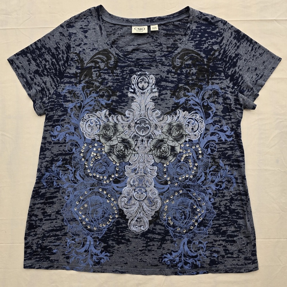 Y2K Cato Woman 14/16W Cross Rose Rhinestone Graphic Tee Blue Gothic